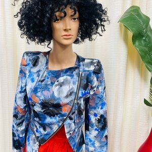 TOV Los Angeles Floral Blue Black Orange Women's Motorcycle Style Jacket